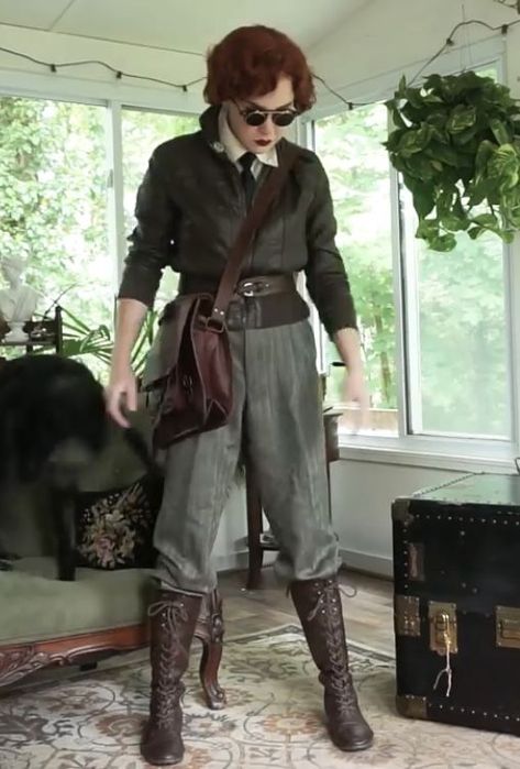 Steampunk Fashion Nonbinary, Vintage German Outfit, Modern Explorer Outfit, Vintage Adventurer Outfit, 1920s Pilot Outfit, Field Scientist Outfit, Fantasy Traveler Aesthetic Outfits, Time Traveler Aesthetic Clothes, Cartographer Outfit