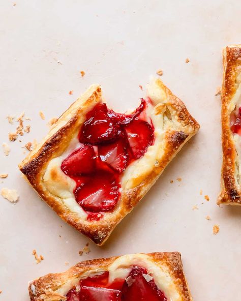 Strawberry Cream Cheese Danish - Olives + Thyme Strawberry Cream Cheese Danish, Strawberry Danish, Easy Puff Pastry Recipe, Danish Recipe, Cream Cheese Danish, Easy Puff Pastry, Danish Pastry, Cheese Danish, Vanilla Glaze