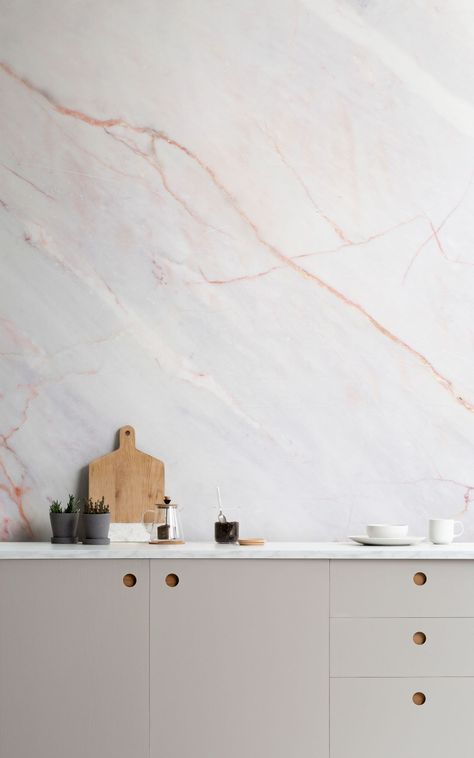 Truly transform your kitchen | Naked Kitchens Kitchen With Marble, Marble Effect Wallpaper, Design Hall, Murals Wallpaper, Kitchen Company, Interiors Magazine, Marble Wallpaper, Pink Kitchen, Kitchen Marble