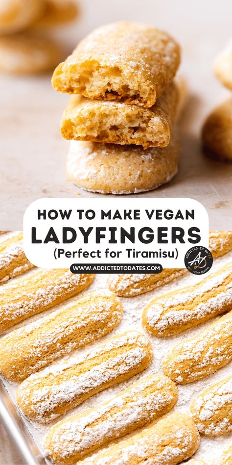 Vegan Ladyfingers (Savoiardi Cookies) - Addicted to Dates Vegan Italian Cookies, Vegan Italian Dessert Recipes, Vegan Italian Dessert, Quick Vegan Dessert, Vegan Tiramisu Recipe, Vegan Trifle, Tiramisu Vegan, Tiramisu Trifle, Vegan Pastry