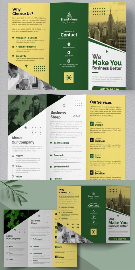 Business Trifold Brochure Design Template Layouts Corporate Identity Trifold Layout Design, Corporate Document Design Layout, Nonprofit Brochure Design, Minimalistic Brochure Design, Business Trifold Brochure, Sales Brochure Design, Course Brochure Design, Corporate Layout Design, Corporate Brochure Design Layout