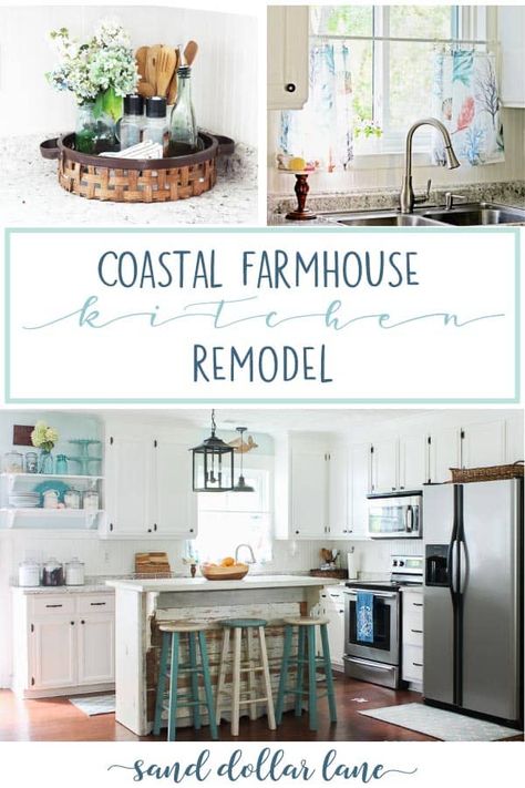 Learn how we remodeled our outdated kitchen into the coastal farmhouse kitchen of our dreams! #coastalfarmhouse #farmhousekitchen #farmhousestyle #coastalstyle #whitekitchen #diykitchen #kitchenremodel Aqua Farmhouse Kitchen, Costal Farmhouse Bathrooms, Kitchen Remodel Coastal, Small Coastal Kitchen Ideas, Farmhouse Coastal Kitchen, Small Coastal Kitchen, Beachy Farmhouse, Retro Farmhouse Kitchen, Beachy Cottage