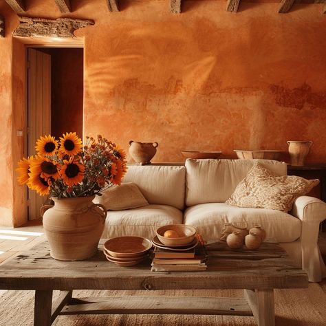 Mediterranean Wall Colors, Terracotta House Decor, Orange Wall Living Room, Light Terracotta Walls, Orange Walls Living Room, Terracotta Living Room Decor, Terracotta Interiors, Italy Living Room, Orange Houses