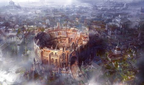 Fantasy city coliseum Coliseum Fantasy Art, Dnd Colosseum, Fantasy Coliseum, Colloseum Concept Art, Roman City Fantasy Art, Roman Fantasy City, Fantasy Colosseum Art, Greek Inspired Fantasy City, Dnd Locations