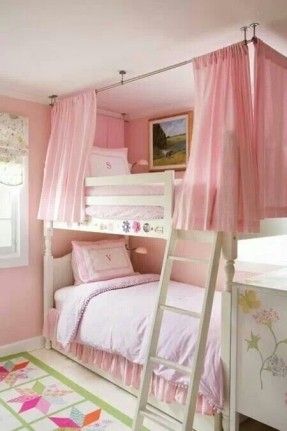 Beautiful way to personalize bunk beds in a girls room. she wants a spare bed for her cousin to visit lol Girls Bunk Beds, Modern Bunk Beds, Bottom Bunk, Bunk Bed Designs, Space Bedding, Top Bunk, Kids Bedroom Designs, Shared Bedroom, Shared Room