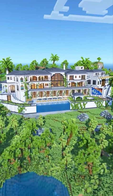 Beach Mansion Minecraft, Minecraft Infinity Pool, Big Minecraft Houses Mansions, Modern Mansion Minecraft, Minecraft Big Builds, Minecraft House Big, Minecraft Mansion Ideas, Minecraft Big House, Minecraft World Ideas