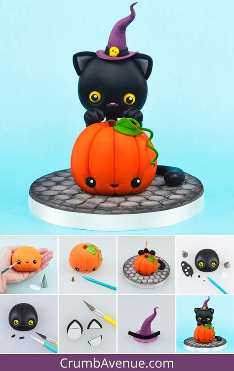 Halloween Fondant Cake, Cute Halloween Cakes, Winter Torte, Cold Porcelain Tutorial, Halloween Torte, Cakes For Kids, Witch Cake, Halloween Birthday Cakes, Cat Cake Topper