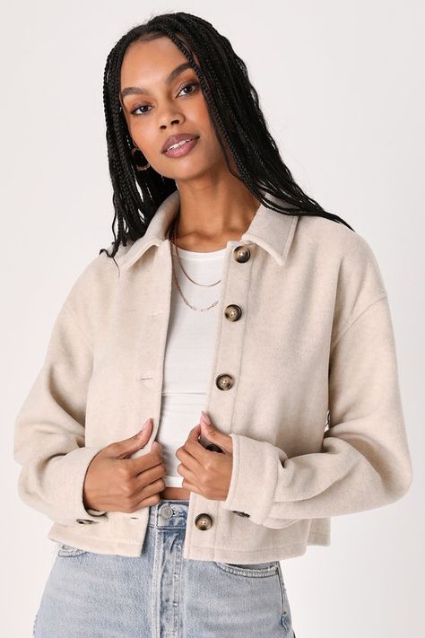 Comfy Essence Beige Cropped Shacket Beige Cropped Jacket Outfit, Cropped Jackets For Women, Cozy Fit Soft Knit Outerwear For Cold Weather, Cozy Outerwear With Soft Texture For Fall, Chic Collared Winter Sweater, Casual Beige Outerwear With Soft Texture, Soft Textured Outerwear For Fall, Beige Soft Knit Outerwear For Fall, Soft Knit Cozy Outerwear For Winter