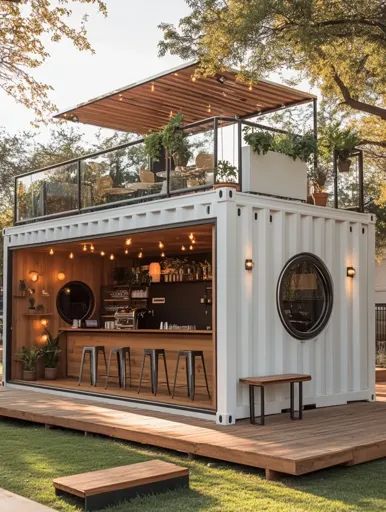 ↑↑↑ Larger size on website 🔸 A modern bar constructed from a shipping container features a wooden deck, a large circular window, Shipping Container Bar, Food Containers Design, Circular Windows, Sleek Lighting, Shipping Container Cafe, Circular Window, Patio Bars, White Container, Small Beach Houses