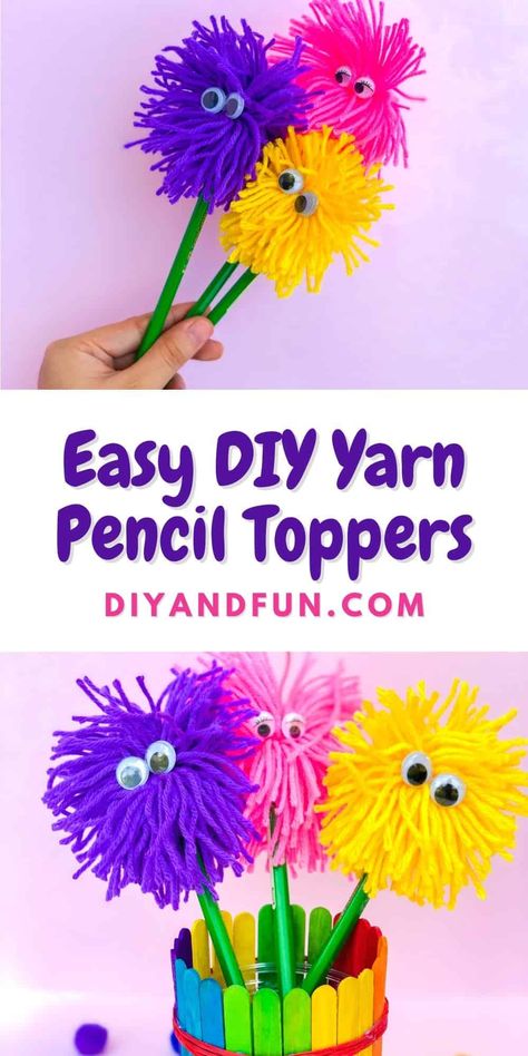 Easy DIY Yarn Pencil Toppers, a simple project for decorating pencils and pens with a homemade craft pom pom. Most ages. Pencil Toppers Diy, Pencil Topper Crafts, Yarn Art Projects, Diy Pencil Holder, Easy Yarn Crafts, Pen Toppers, Pencil Crafts, Toppers Diy, Pen Craft