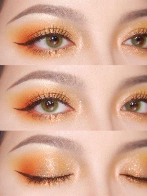 Korean Orange Makeup, Yellow Make Up, Orange Make Up, Eye Makeup Yellow, Make Up Orange, Orange Makeup Looks, Yellow Makeup Looks, Orange Eyeshadow Looks, Makeup Orange