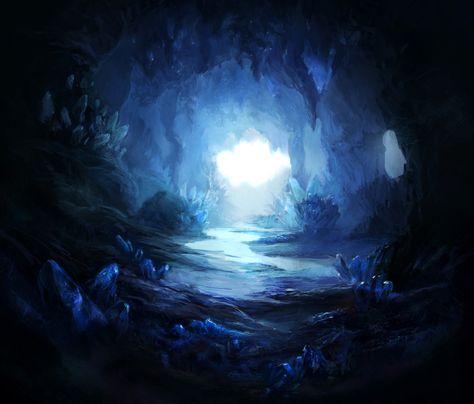 What magic creature are you? Gemstone Cave Art, Magic Cave Concept Art, Blue Landscape Art, Cave Entrance Concept Art, Fantasy Cave Entrance, Fantasy Cave Art, Entrance Illustration, Fantasy Cave, Cave Aesthetic