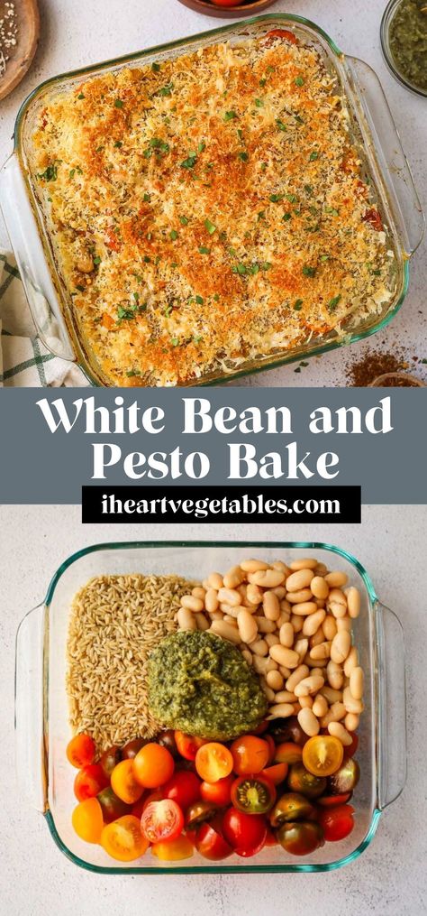 This simple white bean and pesto bake is a great “dump and bake” casserole that only takes a few minutes to assemble. It’s perfect for a busy weeknight meal! Easiest Casserole Recipes, Dump And Bake Healthy Recipes, Pesto Casserole Recipes, Dump And Bake Vegetarian Casseroles, Dump And Bake Recipes Vegetarian, Healthy Dinner Recipes Beans, Cheesy White Bean Tomato Bake, White Bean Bake, Dump And Bake Vegetarian