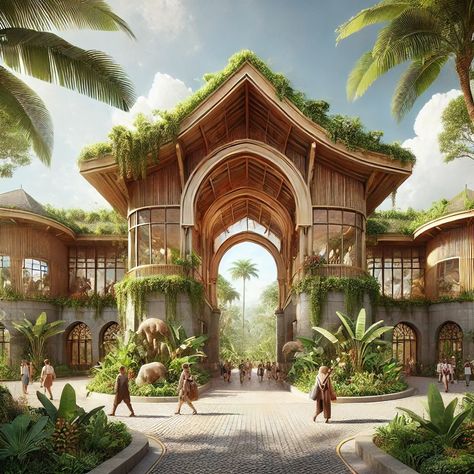 Tropical zoo entrance Tropical Zoo Entrance, Modern Zoo Architecture, Modern Zoo Entrance, Planet Zoo African Theme, Planet Zoo Staff Area, Theme Park Entrance Design, Planet Coaster Entrance, Planet Zoo Entrance Ideas, Zoo Entrance Design