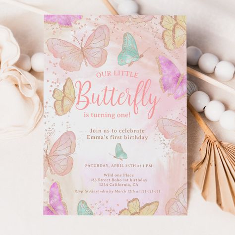 Cute pink a little butterfly chic 1st birthday invitation - tap/click to get yours right now! #invitation #a #little #butterfly, #watercolor #butterflies, Violet Illustration, Butterfly Birthday Theme, Summer Birthday Invitations, Brush Script Font, Butterflies Pink, Watercolor Butterflies, Butterfly Invitations, 80th Birthday Invitations, Birthday Summer