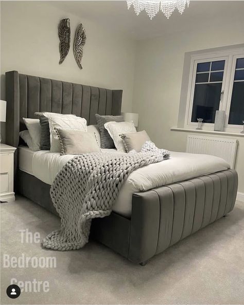 Grey bedroom inspiration. Beautiful double bed. Minimal bedroom. Luxury bedroom decor. Grey colour scheme. Grey carpets. Ideas for home decoration. Bedroom inspo Silver Grey Bed, Grey Double Beds, Grey Wooden Double Bed, Velvet Grey Bed Double, Grey Tuffted Bed, Velvet Bed Frame, Bed Price, Luxury Bedroom Decor, King Size Bedding Sets