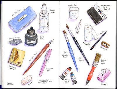 Drawing Stationary, Art Supplies Illustration, Travel Art Kit, Loose Watercolor Paintings, Stationary Art, Travel Sketchbook, Watercolor Tips, Drawing Supplies, Watercolor Palette