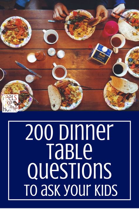 200 dinner table questions and conversation starters for kids and families - Great activities and ice breakers for children to get them talking and laughing with their parents. Free printables that could be used as writing prompts too. Great for road trips and classroom use too. https://feelslikehomeblog.com/2019/08/200-dinner-table-questions-to-ask-your-kids-that-will-make-you-a-better-parent/ Table Questions, Conversation Starters For Kids, Pre Made Meals, Speech Games, Homeschool Board, Better Parent, Cheesecake Factory, Kids Growing Up, Ice Breakers