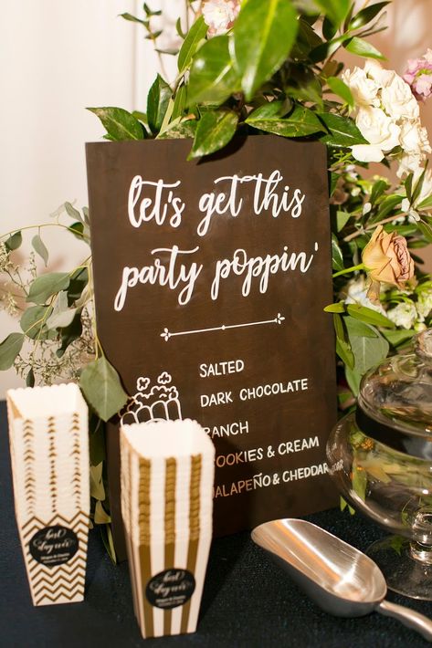 Wedding Reception Cocktail Hour Food, Popcorn At A Wedding, Cocktail Hour Popcorn Bar, Popcorn For Wedding, Snack Tables For Weddings, Popcorn Display Wedding, Popcorn Cocktail Hour, Popcorn Table Wedding, Popcorn Sign Wedding