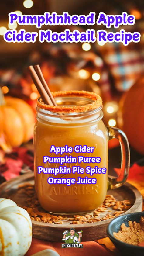 Discover the perfect festive drink with our Pumpkinhead Apple Cider  Mocktail Recipe! This non-alcoholic Pumpkinhead Apple Cider is ideal for  Halloween gatherings, combining spooky flavors for a delightful experience.  Enjoy the eerie taste of our Creepy Pumpkinhead Cider Mocktail, perfect for  all ages. Whether you’re hosting a party or looking for a refreshing  beverage, this Pumpkinhead Apple Cider Drink Recipe is a must-try!" Apple Cider Drink, Fall Drink, Alcohol Free Drinks, Festive Drinks, Halloween Drinks, Fall Drinks, Orange Spice, Mocktail Recipe, Drink Recipe