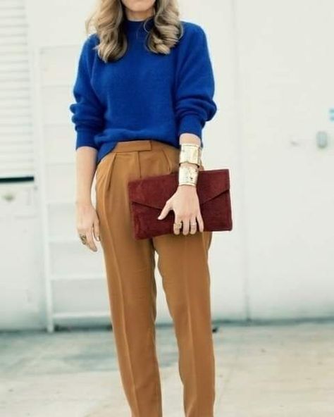 Blue Trousers Outfit, Cobalt Blue Outfit, Blue Sweater Outfit, Blue Pants Outfit, Royal Blue Outfits, Camel Outfit, Camel Pants, Royal Blue Sweater, Winter Sweater Outfits