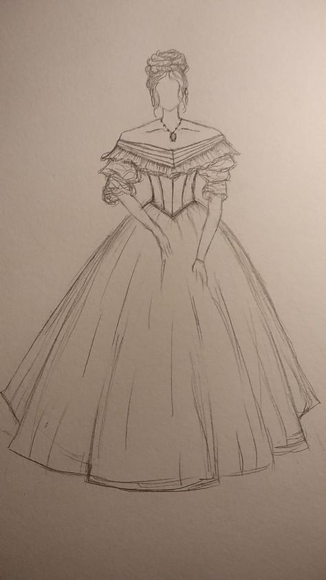 I wanted to recreate this design from a dress in @Etsy store Historical Dress Sketch, 1950s Drawing Sketches, How To Draw A Puffy Dress, 1800s Dresses Drawing, Dress Patterns Drawing, Ballgown Dress Drawing, Rococo Drawing Dress, Old Money Aesthetic Drawing, Fashion Design Sketches Dresses Gowns