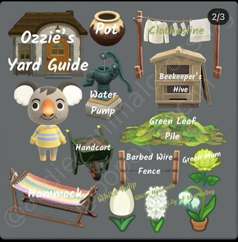 Ozzie yard guide Animal Crossing Yard Guide Animal Crossing, Acnh Yard, Animal Crossing Guide, Animal Crossing Wild World, Animal Crossing Characters, Animal Crossing Villagers, Acnh Inspo, Animal Crossing Pocket Camp, New Animal Crossing