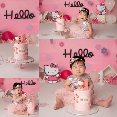 Kitty Smash Cake, Hello Kitty 1st Birthday Cake, Sanrio First Birthday, Hello Kitty Birthday Photoshoot, Hello Kitty Photoshoot Ideas, Hello Kitty 1st Birthday Party Ideas, Hello Kitty First Birthday Party Ideas, Hello Kitty Photoshoot, Hello Kitty First Birthday