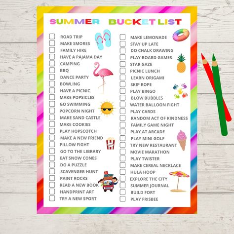 "Summer bucket list What is included 1 PDF 8.5\" X 11\"   INSTANT DOWNLOAD Print on a 8.5x11 paper  Digital download **No physical item will be shipped to you** How it works: Once your payment is confirmed, you can view and download the file from Etsy Purchases and review section of your Etsy account. Print on your home printer or from your favorite print shop. Once you have purchased this product you can print as many times as and when you need! Kindly Note: Files are ready for download immedia Summer Bucket List Design, Summer Bucket List 2024, Bucketlist Summer, Kids Summer Bucket List, Bucket List Printable, Summer Calendar, Summer To Do List, Activities Printable, Family Summer