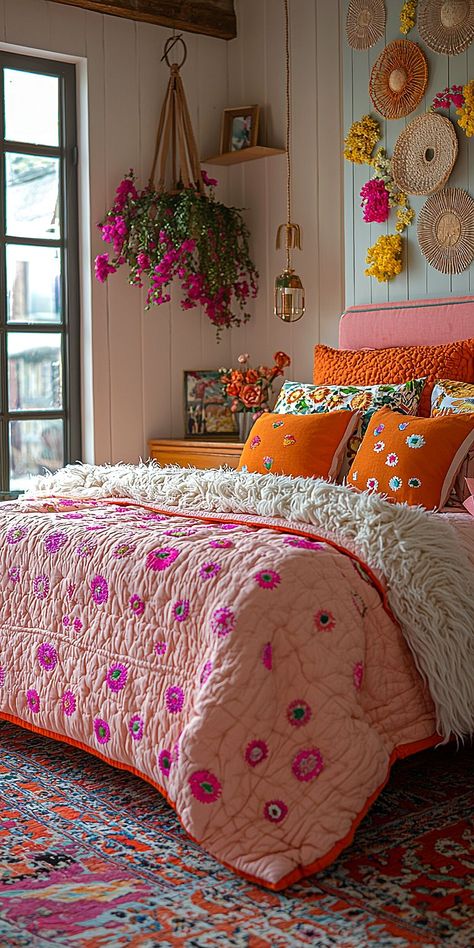 30 Irresistible Boho Chic Bedrooms That Feel Like Home 9 Desert Color Bedroom, Colorful Feminine Bedroom, Seasonal Bedding Ideas, Burnt Orange And Pink Bedroom, Nesting With Grace Bedroom, Orange And Pink Bedroom Ideas, Diy Boho Headboards, Colourful Boho Bedroom, Bright Colorful Bedroom