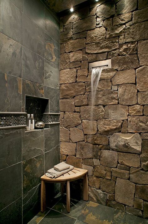 Bathroom Stone Wall, Unique Bathroom Design, Natural Stone Bathroom, Stone Walls Interior, Stone Shower, Natural Stone Wall, Stone Bathroom, Hidden Rooms, Wall Bathroom