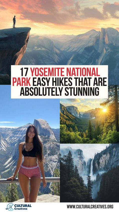 A breathtaking collage showcasing 17 Yosemite National Park easy hikes that are absolutely stunning, featuring iconic views of Half Dome, a vibrant sunset over cliffs, lush green valleys, and cascading waterfalls. Nevada Falls Yosemite, One Day In Yosemite National Park, Camping In Yosemite National Park, Yosemite Hiking, Yosemite Vacation, Majestic Waterfall, Yosemite Lodging, Half Dome Hike, Vacation 2025