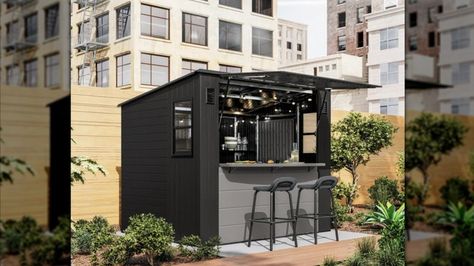 Costco's Outdoor Bar Shed Has Us Swooning Over The Backyard Possibilities - House Digest Outdoor Bar With Storage, Outdoor Bar Shed, Backyard Shed Bar Ideas, Backyard Bar Shed, Shed Bar Ideas, Shed Bar, Pool Float Storage, Bbq Gazebo, Resin Sheds