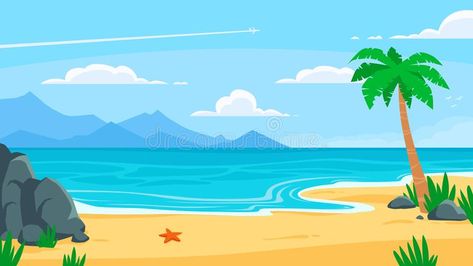 Summer beach background. Sandy seashore, sea coast with palm tree and vocation seaside travel vector cartoon backdrop stock illustration Summer Beach Background, Backdrop Illustration, Beach Cartoon, Summer Cartoon, Beach Illustration, Waves Background, Sea Coast, Beach Posters, Beach Background