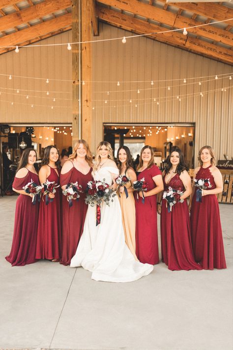 Burgundy and Gold bridesmaid dresses. Burgundy And Gold Bridesmaid Dresses, Red And Gold Wedding, Maroon Bridesmaid, Maroon Bridesmaid Dresses, Wedding Decors, Gold Bridesmaid Dresses, Gold Bridesmaids, Wedding Wall, Wedding 2025