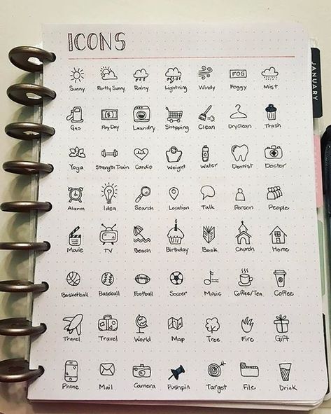 different icons - bullet journal Easy Journal, Activity Journal, Journal Simple, Goals Journal, Ideas Journal, Bullet Journel, Bullet Journal 2019, Bullet Journal Notes, Journal Bullet