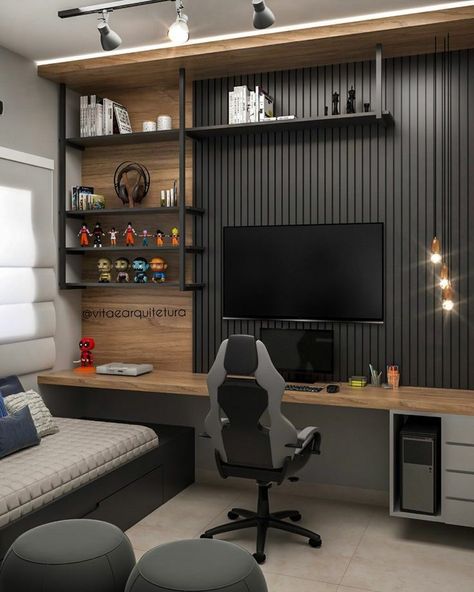 Black Gaming Setup, Bilik Tidur Lelaki, Dads Office, Masculine Home Office, Yellow Office, Modern Home Offices, Masculine Bedroom, Home Studio Setup, Boy Bedroom Design