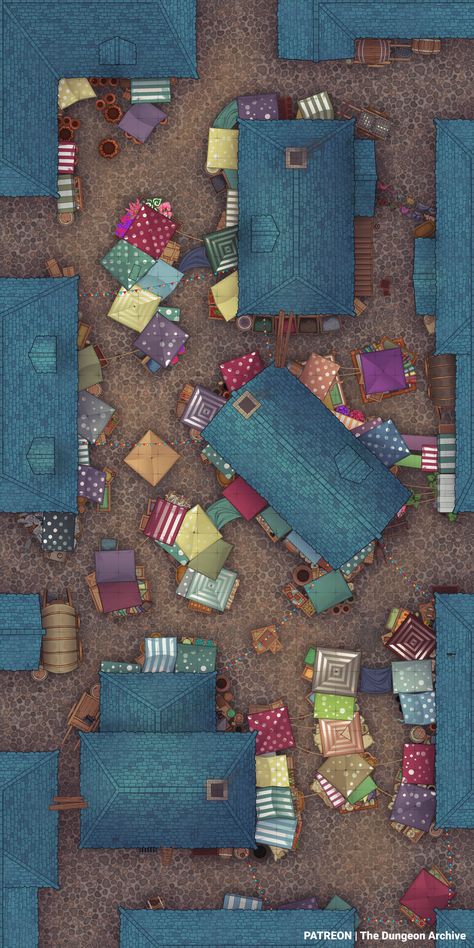 Expand your city with the a new district: The City Market! This map can be seamlessly combined with Modular Street and the rest of the districts to further expand your cities.  The market is brim full of wares to purchase - from magical scrolls to food and gear. Visit the market, details on our Patreon.  #battlemap #battlemaps #rpg #ttrpg #ttrpgmaps #dnd #pathfinder #worldbuilding #fantasymap #fantasy #fantasyart #dungeon #dungeonmaster #dndmap #dndmaps #mapmaking #tabletop #tabletoprpg Market Map Dnd, Dnd Alley Battle Map, Dnd City Street Map, City Street Battlemap, Dnd Urban Battle Map, City Market, D D Maps, Fantasy Map, Street Map