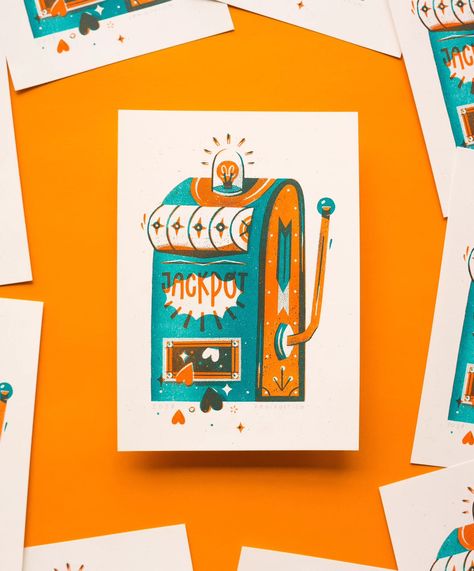 🧡 Yes! After being closed since April my webshop is finally open (and updated!) again 😌 First up, the new Jackpot riso print, based on an earlier made sold out lino print. Printed at the always wonderful @dekijm on warm white, A5 paper. Since this week also available at @themakerstore Cheers! 💙 #illustration #riso #risograph #risoprint #jackpot #love #get_imprinted #popmember #peopleofprint #texture #handlettering #overlay #multiply #overprint Cheers Illustration, Risograph Illustration, Risograph Poster, Riso Print, Risograph Print, Teal Orange, Light Teal, Band Posters, Lino Print