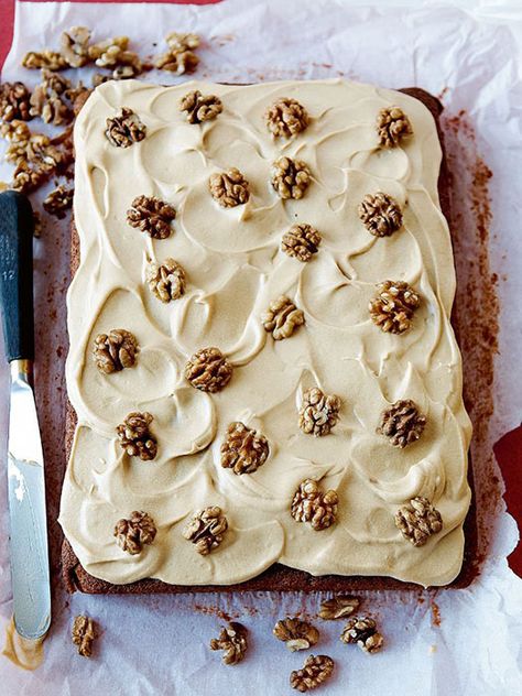 Mary Berry's classic Coffee and Walnut Traybake recipe | HELLO! Mary Berry Cakes, Coffee And Walnut Cake, Mary Berry Recipe, Cold Cake, Tray Bake Recipes, Coffee Cake Recipe, Tray Bake, Walnut Cake, Berries Recipes