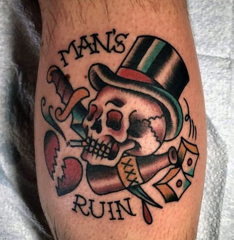 Heart Break Tattoos Men, Mans Ruin Tattoo, Shin Tattoo Men, Traditional Dagger Tattoo, Traditional Dagger, Tattoo Catalog, Shin Tattoo, Timeless Tattoo, Circle Tattoos