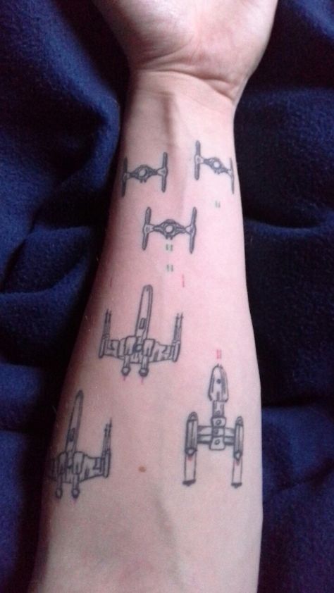 Star Wars Tattoo, X-Wing, Y-Wing,  Tie Fighter Star Wars Tie Fighter Tattoo, Star Wars X Wing Tattoo, X Wing Fighter Tattoo, Star Wars Tattoo Ideas For Men, Spaceship Tattoos, Tie Fighter Tattoo, Star Wars Flash Tattoo, X Wing Tattoo, Spaceship Tattoo