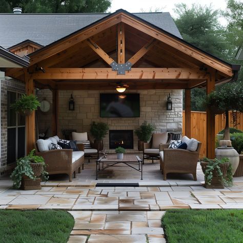 Patio Cover With Fireplace, Grill Covered Patio, Open Living Room To Backyard, Back Porch Awning Covered Patios, Covered Patio Detached From House, Back Deck Overhang Ideas, Backyard Gazebo With Fireplace, Covered Patio Vaulted Ceiling, Back Covered Patio Ideas On A Budget