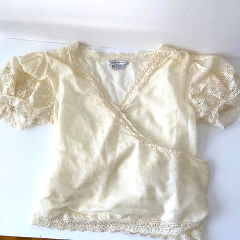 Euc Zara Cream Wrap Around Sheer Top. Silk/Cotton Mix. V-Neck Trimmed With Delicate Lace ( Same Color), Pleats At Shoulders And Sleeves. Balloon, Lace Detailed Sleeves Excellent Condition. Never Worn. Nwot 2 Black Dots At The Back. Barely Noticeable.Bought Like That. Shifting Closet, Vogue Covers, Wrap Shirt, Lace Shirt, Black Dots, Sheer Top, Wrap Around, Lace Detail, Fashion Inspo Outfits