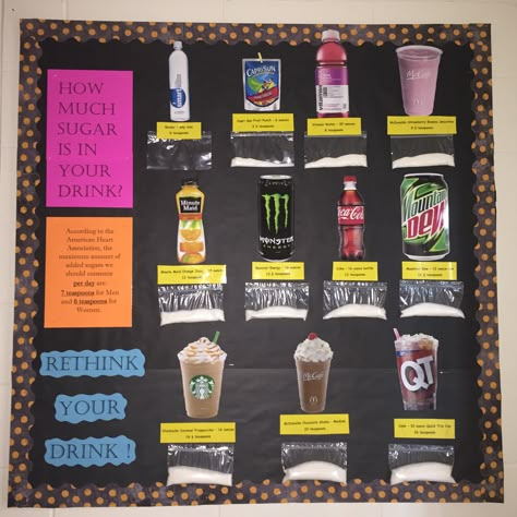 I made my "rethink your drink" board for my health room at school. The teachers loved it, too! Family Consumer Science Bulletin Boards, Rethink Your Drink Bulletin Board, Health Projects High School, Drink Ideas For School, Rethink Your Drink Science Project, Health Fair Booth Ideas, Best Science Fair Projects, Ideas For Science Fair, Elementary Science Fair Projects