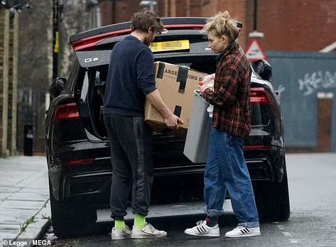 Newly engaged James Norton and Imogen Poots load up their car with boxes | Daily Mail Online James Norton Imogen Poots, Imogen Poots, James Norton, Newly Engaged, Varsity Jacket, Denim Jacket