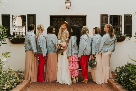 Mix-matched bridesmaids dresses plus an acid-washed jean jacket makes for that perfect boho-chic look we love! 😍🌾💖 . . . . Photography: @_caitandco Venue: @darlington_house Coordination and Florals: @eventsinspired #boho-chic #bohemian #bridesmaids #weddingoutfit #bestweddingcateringsandiego #weddingcateringsandiego #sandiegowedding #sandiegocatering #cateringsandiego #weddingcatering #bestweddingcatering #weddingfood #bestweddingfood #personaltouchdining #theknot #weddingwire Bridesmaid Dresses With Jean Jackets, Darlington House, Dress With Jean Jacket, Acid Wash Jeans, Wedding Catering, San Diego Wedding, Wedding Food, Wedding Wire, Jean Jacket