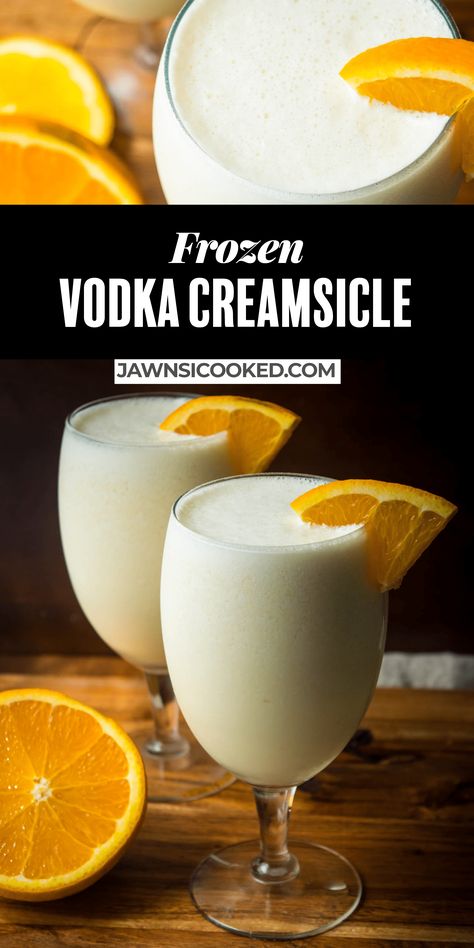 This Orange vodka creamsicle drink recipe is a delicious, frothy, and frozen alcoholic orange creamsicle- blended to perfection with only 5 ingredients! A great creamy cocktail everyone will love! Frozen Alcoholic Drinks Recipes, Orange Creamsicle Drink, Summer Vodka Drinks, Alcoholic Slushies, Vodka Frozen Drinks, Creamsicle Drink, Frozen Drinks Alcohol, Frozen Drink Recipes, Booze Drink