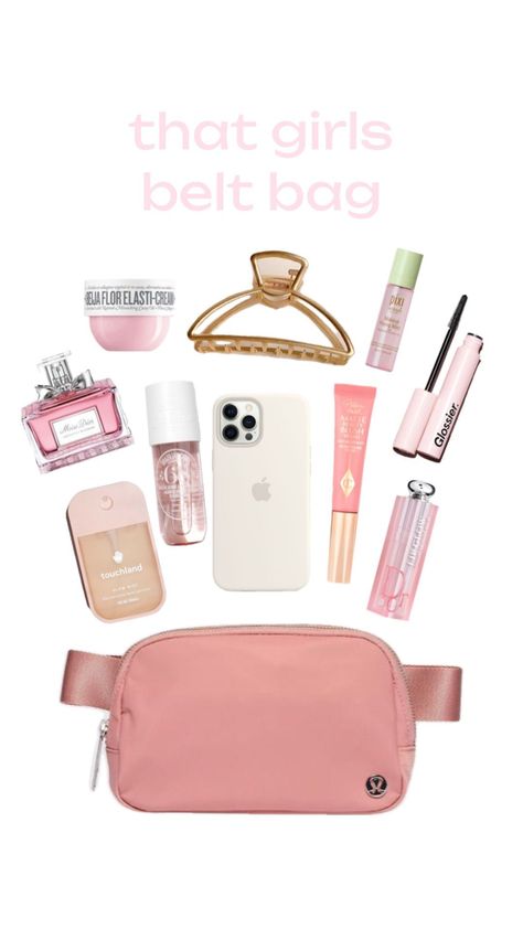 that girls belt bag #makeup #bag #skincare #pink #thatgirl #aesthetic #preppy #lululemon Preppy School Bag, Girls Belt, Preppy Lululemon, Belt Bag Outfit, Thatgirl Aesthetic, School Backpack Essentials, Lululemon Belt Bag, Lululemon Bags, Backpack Essentials