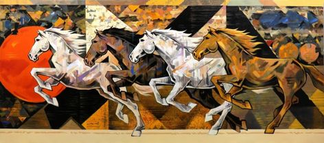 Indian Paintings | Indian Art | Modern Art Paintings | Modern Paintings Contemporary Horse Paintings, Seven Horses Painting, Colorful Horse Painting, Abstract Horse Art, Horse Canvas Painting, Modern Indian Art, Abstract Horse Painting, Modern Expressionism, Abstract Horse